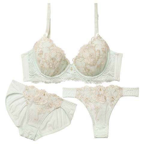 12/29新作!【3点セット】ロマンティックシャイニーブルーム育乳脇高ブラジャー&フルバック&Tバックショーツ［大人気］(ミント-A70/ショーツM)