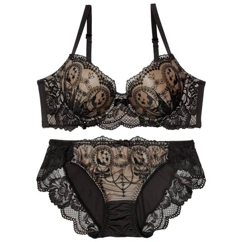 1/16新作!ヌーディーレースキャット育乳脇高ブラジャー&フルバックショーツ［激売れ］(ブラック-A70/ショーツM)