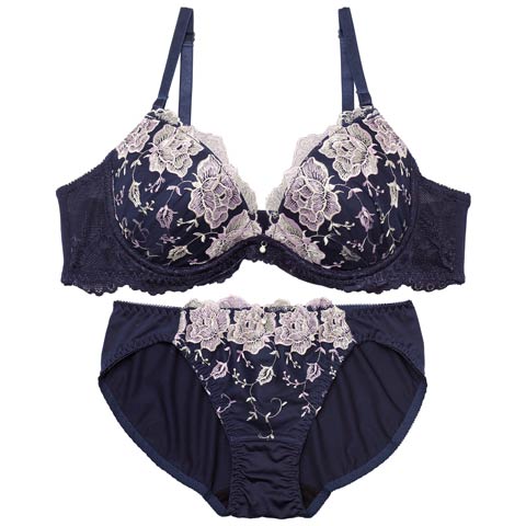 11/27再販!ブリリアントブロッサムレースブラジャー&フルバックショーツ［激売れ］(ネイビー-A70/ショーツM)
