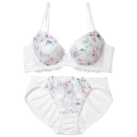 10/24新作!スウィートフラワーベール育乳脇高ブラジャー&フルバックショーツ［激売れ］(ホワイト-A70/ショーツM)