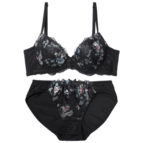 10/24新作!スウィートフラワーベール育乳脇高ブラジャー&フルバックショーツ［激売れ］(ブラック-A70/ショーツM)