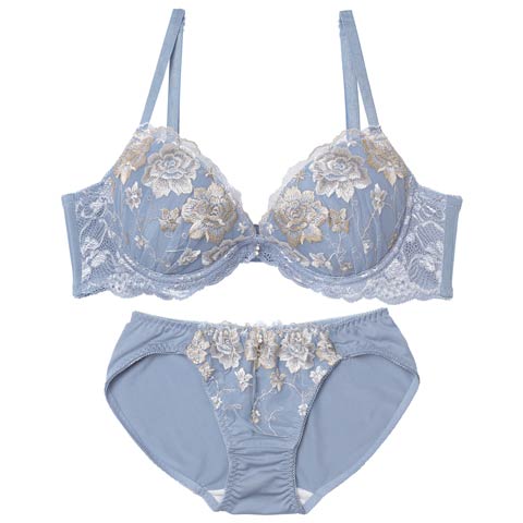 10/6新作!エターナルブロッサム育乳脇高ブラジャー&フルバックショーツ［激売れ］(ブルー-A70/ショーツM)