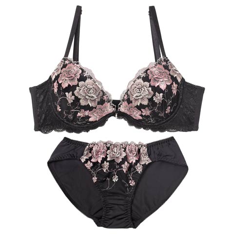 10/6新作!【EFサイズ】エターナルブロッサム育乳脇高ブラジャー&フルバックショーツ［大人気］(ブラック-E65/ショーツM)