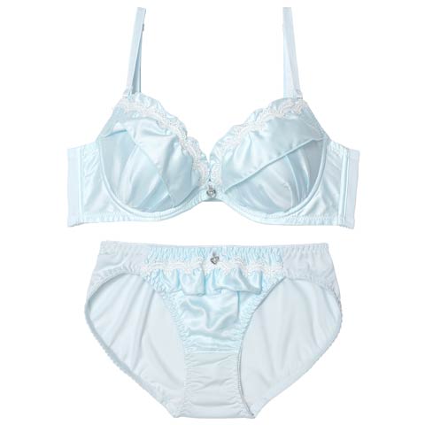 11/5新作!サテンフリルアーチ育乳脇高ブラジャー&フルバックショーツ［激売れ］(サックス-A70/ショーツM)