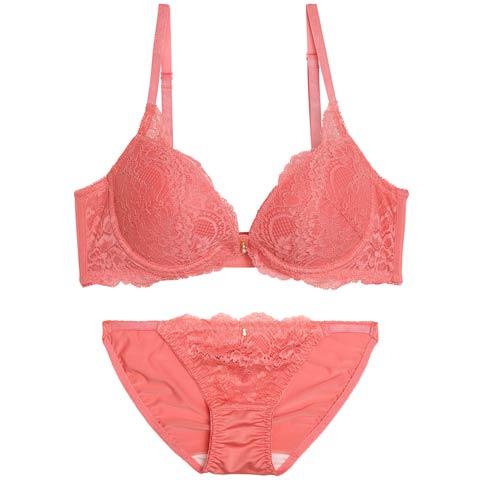 12/15新作!【GHIサイズ】ワンカラーレース育乳脇高ブラジャー＆フルバックショーツ［大人気］(コーラルピンク-G65/ショーツM)