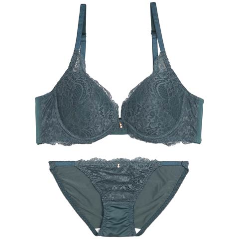 12/15新作!【GHIサイズ】ワンカラーレース育乳脇高ブラジャー＆フルバックショーツ［大人気］(モスグリーン-G65/ショーツM)