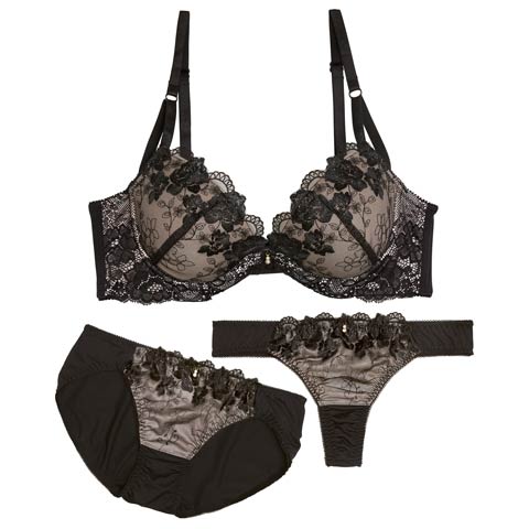 1/7新作!【3点セット】ブルーミングヌーディシアー育乳脇高ブラジャー&フルバック&Tバックショーツ［大人気］(ブラック-A70/ショーツM)