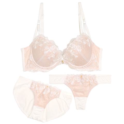 1/7新作!【3点セット】ブルーミングヌーディシアー育乳脇高ブラジャー&フルバック&Tバックショーツ［大人気］(ホワイト-A70/ショーツM)