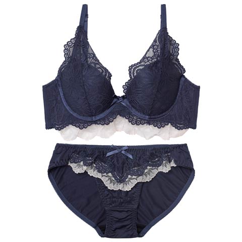 10/10新作!フリルレースブロッサム育乳脇高ブラジャー&フルバックショーツ［激売れ］(ネイビー-A70/ショーツM)