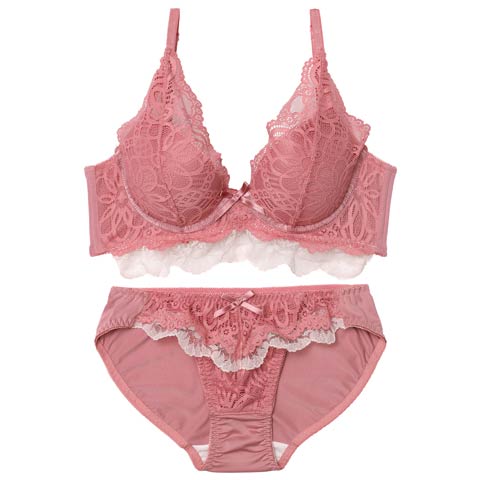 10/10新作!【EFサイズ】フリルレースブロッサム育乳脇高ブラジャー&フルバックショーツ［大人気］(ピンク-E65/ショーツM)
