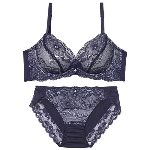 2/13新作!シアーカシュクールレース育乳脇高ブラジャー&フルバックショーツ［激売れ］(ネイビー-A70/ショーツM)