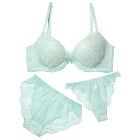 10/3新作!【3点セット】パステルレースカシュクール育乳脇高ブラジャー&バック透けフルバック&Tバックショーツ［大人気］(ミント-A70/ショーツM)
