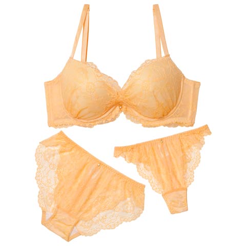 10/3新作!【3点セット】【GHIサイズ】パステルレースカシュクール育乳脇高ブラジャー&バック透けフルバック&Tバックショーツ［大人気］(オレンジ-G65/ショーツM)