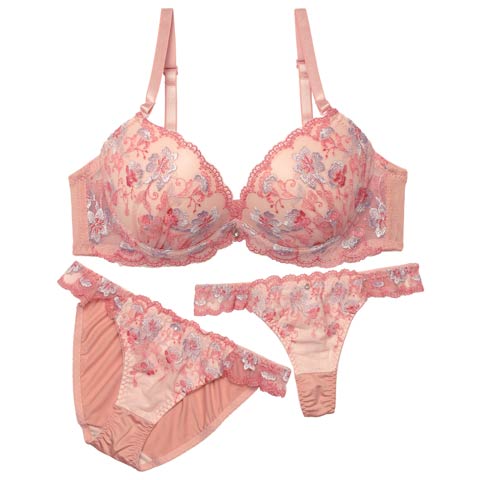 1/19新作!【3点セット】【EFサイズ】フェミニンブルームガーデンブラジャー&フルバック&Tバックショーツ［大人気］(ピンク-E65/ショーツM)