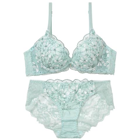 3/20新作!フェアリーフルールレース育乳脇高ブラジャー&バック透けフルバックショーツ［激売れ］(ミント-A70/ショーツM)