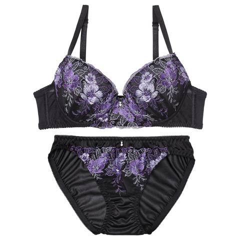 11/17新作!【EFサイズ】エレガントビビットブルームブラジャー&フルバックショーツ［大人気］(ブラック-E65/ショーツM)