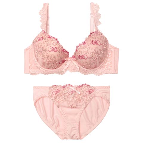 4/20新作!フェミニンアイビーエンブロイダリー育乳脇高ブラジャー&フルバックショーツ［激売れ］(ピンク-A70/ショーツM)