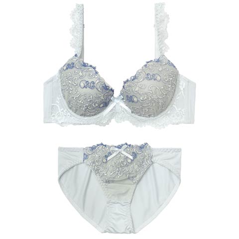 4/20新作!フェミニンアイビーエンブロイダリー育乳脇高ブラジャー&フルバックショーツ［激売れ］(ブルー-A70/ショーツM)