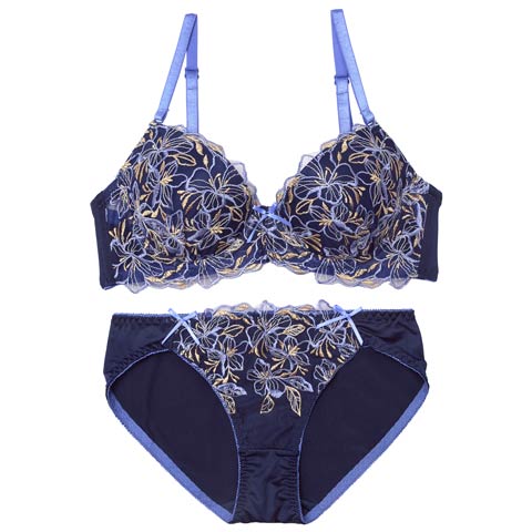 4/24新作!チュールエンブロイダリーフラワーブラジャー&フルバックショーツ［激売れ］(ネイビー-A70/ショーツM)