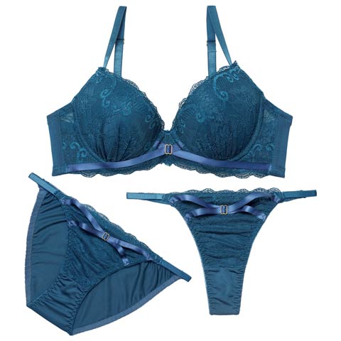 4/20新作!【3点セット】リボンクロスレーシィブラジャー&フルバック&Tバックショーツ［大人気］(ブルー-A70/ショーツM)