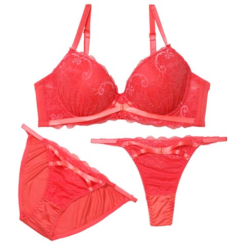 4/20新作!【3点セット】【GHIサイズ】リボンクロスレーシィブラジャー&フルバック&Tバックショーツ［大人気］(オレンジ-G65/ショーツM)