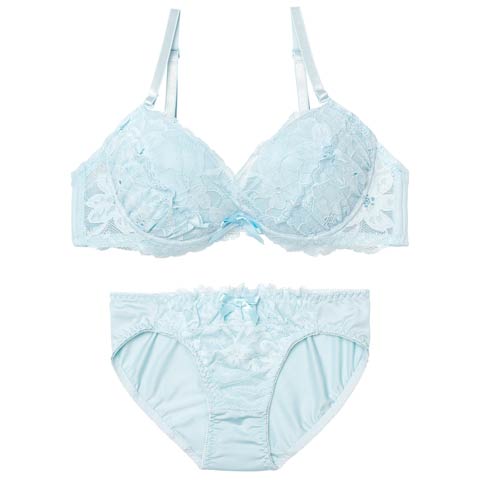 2/18新作!【EFサイズ】スウィートカシュクールレースブラジャー&フルバックショーツ［大人気］(サックス-E65/ショーツM)