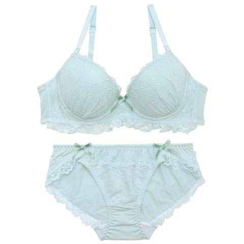 4/24新作!ピュアリボンフリルレースブラジャー&フルバックショーツ［激売れ］(ミント-A70/ショーツM)