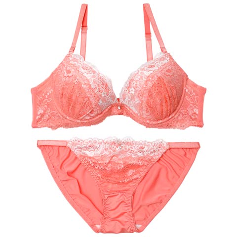 4/6新作!ブライトバイカラーレースブラジャー&フルバックショーツ［激売れ］(コーラルピンク-A70/ショーツM)