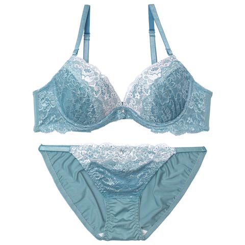 4/6新作!【EFサイズ】ブライトバイカラーレースブラジャー&フルバックショーツ［大人気］(ブルー-E65/ショーツM)