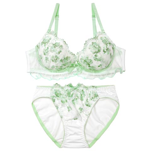 4/13新作!キュートフラワーフリルブラジャー&フルバックショーツ［激売れ］(ミント-A70/ショーツM)