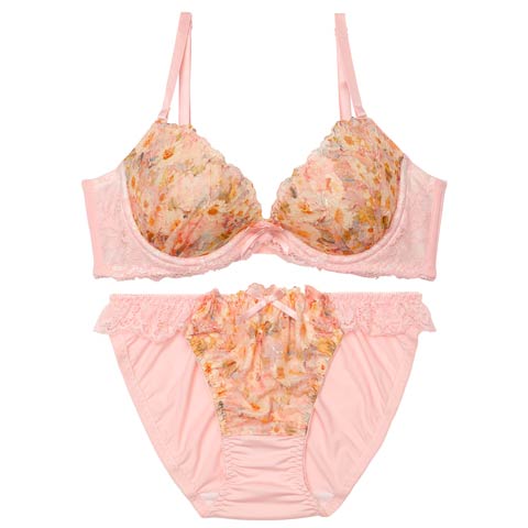 4/17新作!スウィートフラワーガーデン育乳脇高ブラジャー&フルバックショーツ［激売れ］(サーモンピンク-A70/ショーツM)