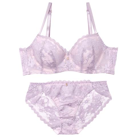 4/15新作!【GHIサイズ】ニュアンスフラワーレース育乳脇高ブラジャー&バック透けフルバックショーツ［大人気］(パープル-G65/ショーツM)