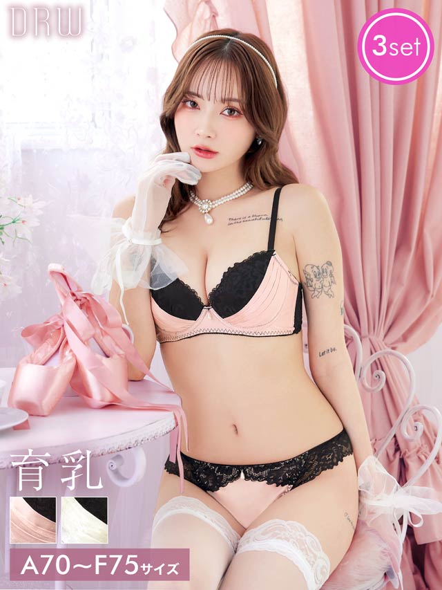 【3点セット】エレガントサテンレース育乳脇高ブラジャー&バック透けフルバック&Tバックショーツ