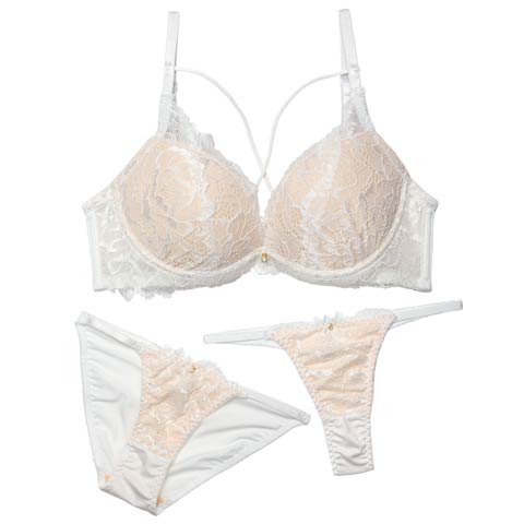 3/4新作!【かとゆり着用】【3点セット】【GHIサイズ】ミスティックヌーディーレース育乳脇高ブラジャー&フルバック&Tバックショーツ［大人気］(ホワイト-G65/ショーツM)