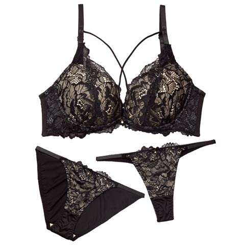 3/4新作!【かとゆり着用】【3点セット】【GHIサイズ】ミスティックヌーディーレース育乳脇高ブラジャー&フルバック&Tバックショーツ［大人気］(ブラック-G65/ショーツM)