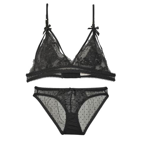 【ノンワイヤー】ブルームドットチュールレースブラジャー&バック透けフルバックショーツ(ブラック-S)