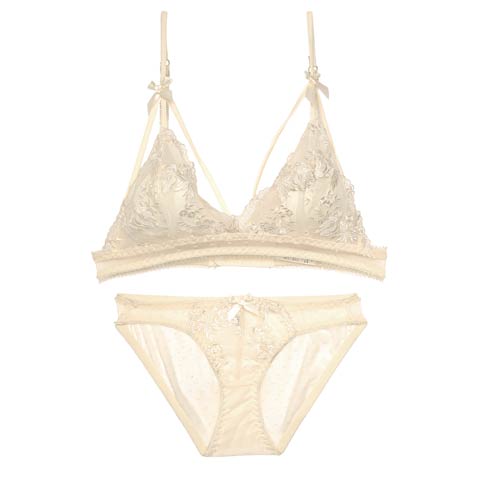 【ノンワイヤー】ブルームドットチュールレースブラジャー&バック透けフルバックショーツ(アイボリー-S)