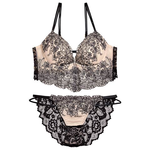 12/6再販!【EFサイズ】リュクスリリービスチェブラジャー&バック透けフルバックショーツ［大人気］(ブラック-E70/ショーツM)