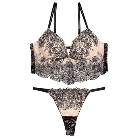 12/6再販!リュクスリリービスチェブラジャー&バック透けTバックショーツ［激売れ］(ブラック-A70/ショーツM)