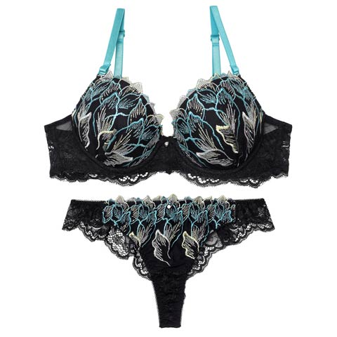 フローラルシックエンブロイダリーブラジャー&バック透けTバックショーツ［激売れ］(ブラック-A70/ショーツM)