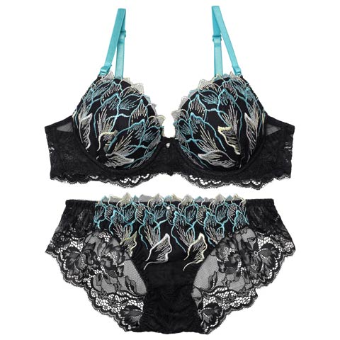 【EFサイズ】フローラルシックエンブロイダリーブラジャー&バック透けフルバックショーツ［大人気］(ブラック-E70/ショーツM)