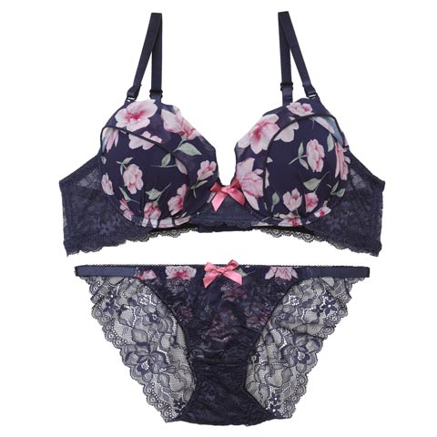 フレグランス水彩フラワーブラジャー&バック透けフルバックショーツ［激売れ］［均一セール］［タイムセール］(ネイビー-A70/ショーツM)