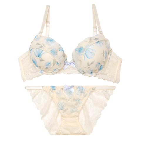 フレグランス水彩フラワーブラジャー&バック透けフルバックショーツ［激売れ］［均一セール］［タイムセール］(クリーム-A70/ショーツM)