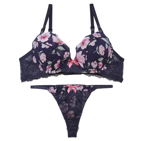 フレグランス水彩フラワーブラジャー&バック透けTバックショーツ［激売れ］(ネイビー-A70/ショーツM)