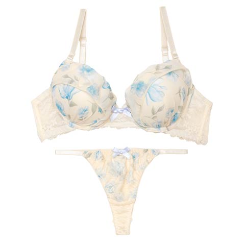 フレグランス水彩フラワーブラジャー&バック透けTバックショーツ［激売れ］(クリーム-A70/ショーツM)