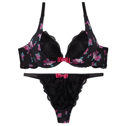 スウィートロゼットガーデンブラジャー&Tバックショーツ［激売れ］［週替］(ブラック-B65/ショーツM)