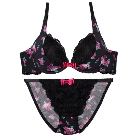 【EFサイズ】スウィートロゼットガーデンブラジャー&フルバックショーツ［大人気］(ブラック-E70/ショーツM)