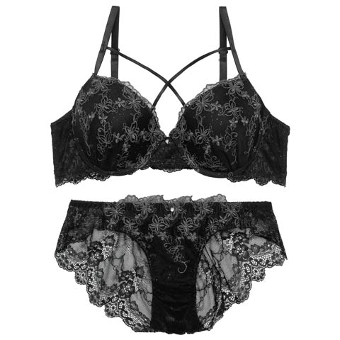 【EFサイズ】メルティパピヨンコードブラジャー&バック透けフルバックショーツ［大人気］(ブラック-E70/ショーツM)