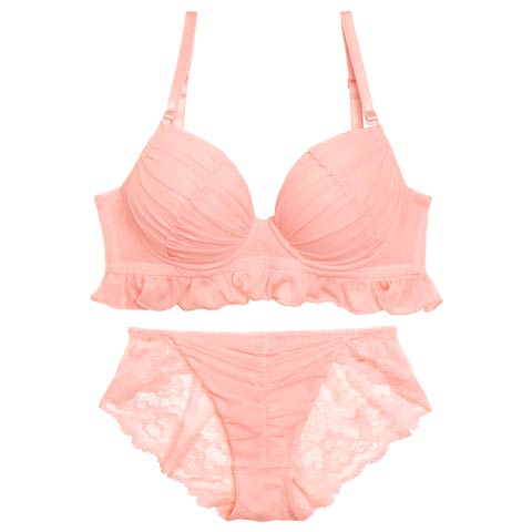 フェアリーフリルギャザーブラジャー&バック透けフルバックショーツ［激売れ］［週替］[スーパーセール](ピンク-B65/ショーツM)