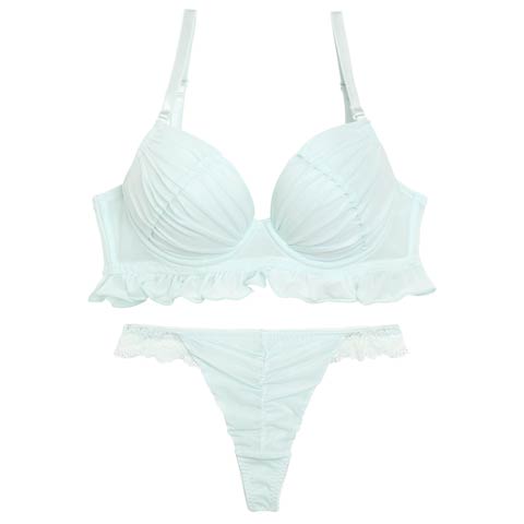 フェアリーフリルギャザーブラジャー&バック透けTバックショーツ［激売れ］(サックス-B65/ショーツM)